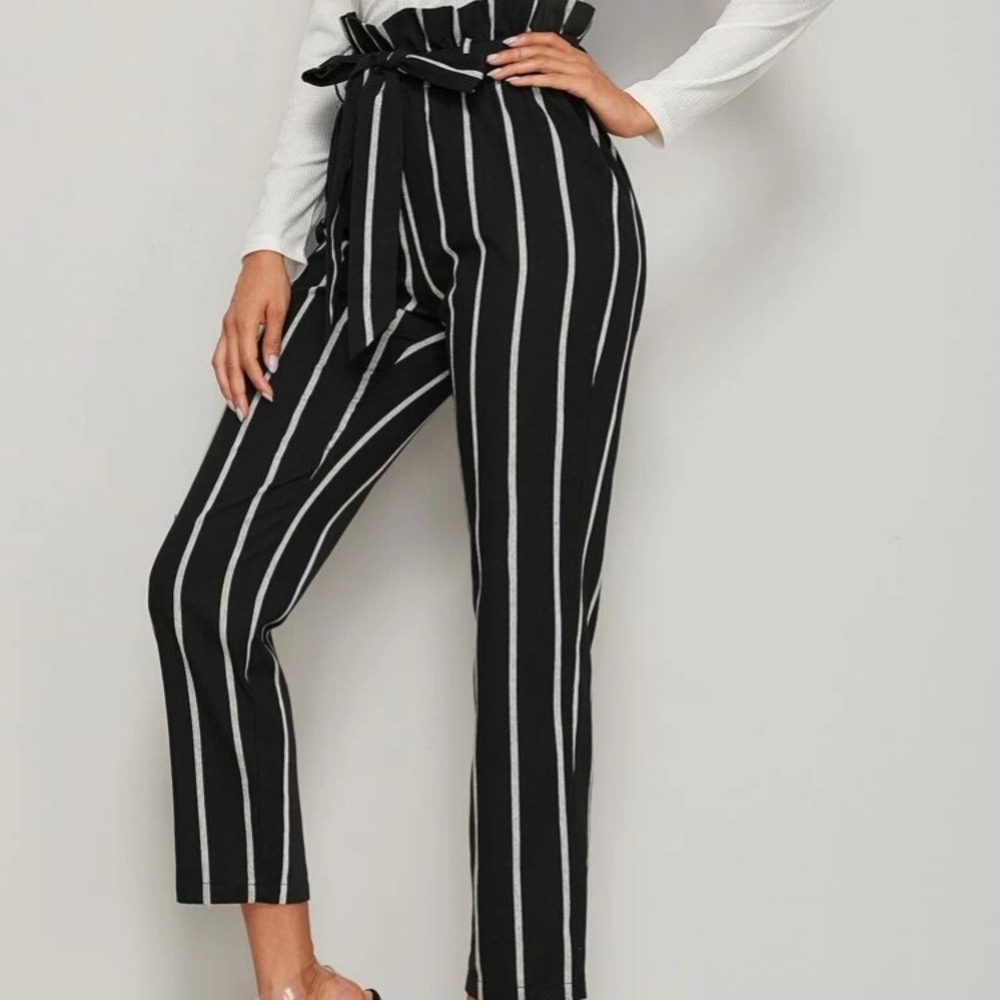 Paperbag Waist Belted Striped Pants